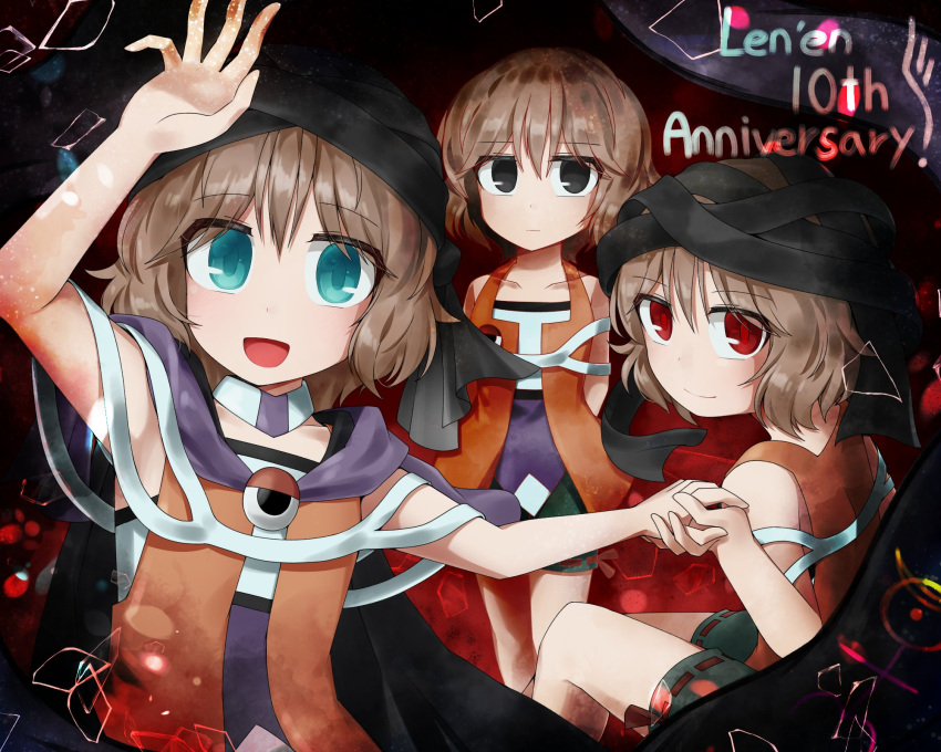 3others androgynous anniversary aqua_eyes arm_up black_eyes black_headwear brown_hair closed_mouth collarbone commentary_request copyright_name english_text expressionless green_shorts highres holding_hands kuzu_suzumi len'en multiple_others multiple_persona open_clothes open_mouth open_vest orange_vest other_focus red_eyes ribbon-trimmed_shorts ribbon_trim shirt short_hair shorts sitting sleeveless sleeveless_shirt smile turban vest websci_3357 white_shirt