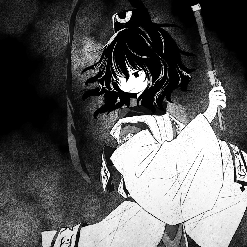 1other androgynous black_background closed_mouth detached_sleeves eye_of_senri greyscale half-closed_eyes hat hat_ribbon highres holding holding_rope japanese_clothes jinbei_(clothes) kariginu layered_sleeves len'en long_sleeves looking_down looking_to_the_side monochrome ofuda ofuda_on_clothes other_focus retrochaossan ribbon rope senri_tsurubami short_hair smile solo turtleneck upper_body wide_sleeves
