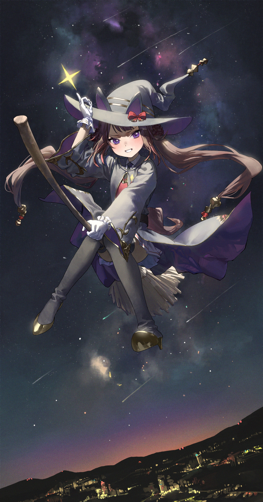 1girl absurdres black_footwear black_headwear black_robe boots bow broom brown_hair c2h6o commentary full_body gloves hair_rings hat hat_bow highres horse_girl long_hair looking_at_viewer pointing pointing_up robe shooting_star solo star_(sky) sweep_tosho_(umamusume) thigh_boots twintails umamusume violet_eyes white_gloves witch_hat