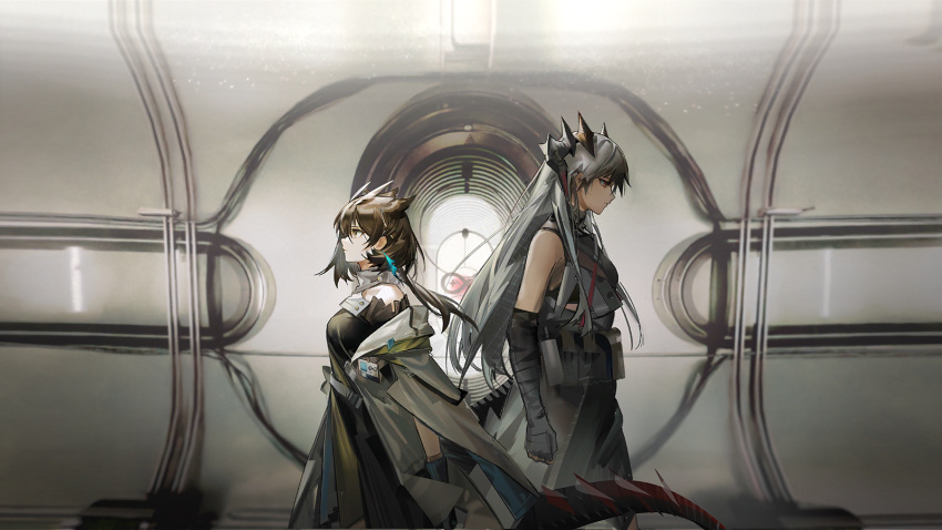 2girls arknights artist_request bandaged_arm bandaged_hand bandages bare_shoulders brown_hair from_side grey_hair hallway highres horns indoors long_hair multiple_girls official_art rhine_lab_logo saria_(arknights) silence_(arknights) silence_the_paradigmatic_(arknights) sleeveless tail walking