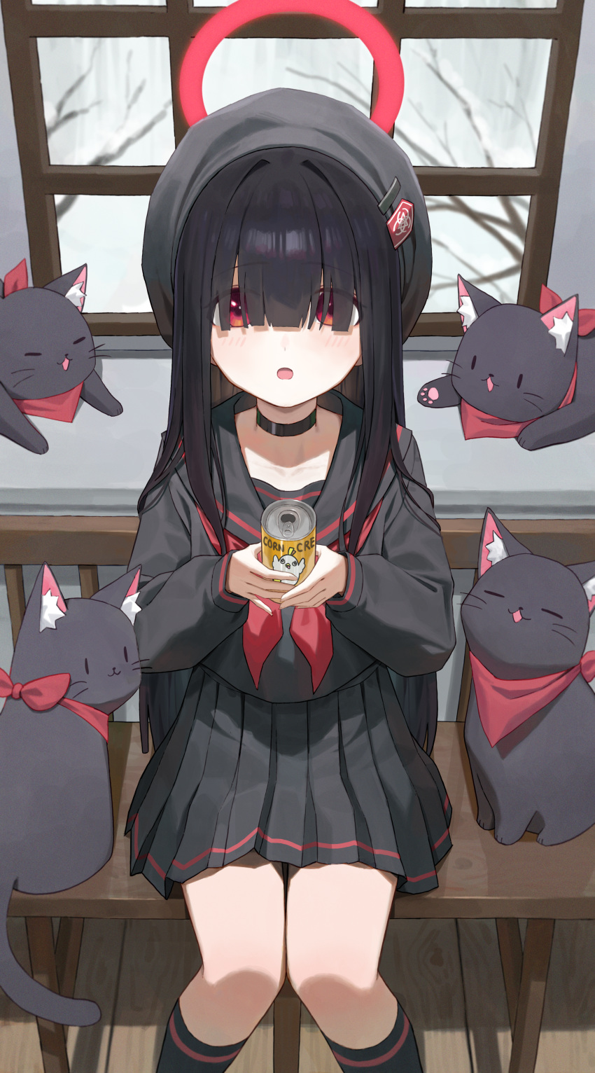 1girl absurdres animal black_choker black_hair black_sailor_collar black_serafuku black_skirt blue_archive blush can cat chair choker cro_(user_znms5733) halo highres holding holding_can indoors justice_task_force_member_(blue_archive) long_hair neckerchief open_mouth red_eyes red_neckerchief sailor_collar school_uniform serafuku sitting skirt solo window