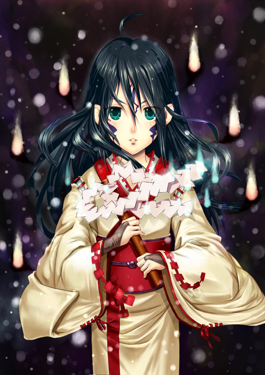 ahoge black_hair bridal_gauntlets facepaint fingerless_gloves gabiran gloves gohei green_eyes highres japanese_clothes kimono long_hair obi original sash shide solo wide_sleeves