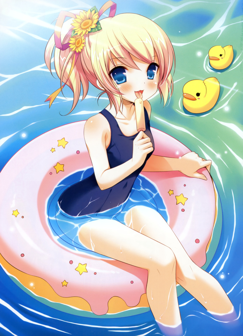 afloat blue_eyes blush doughnut flower hair_flower hair_ornament hair_ribbon highres innertube inugahora_an licking one-piece_swimsuit open_mouth ponytail popsicle ribbon rubber_duck school_swimsuit star swimsuit tongue water