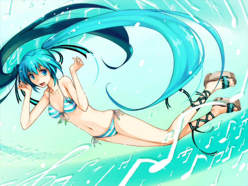 ankle_lace-up aqua_eyes aqua_hair arms_up bikini cross-laced_footwear front-tie_top hatsune_miku ikujitto legs long_hair navel open_mouth platform_footwear platforms sandals side-tie_bikini solo striped striped_bikini striped_swimsuit swimsuit twintails very_long_hair vocaloid