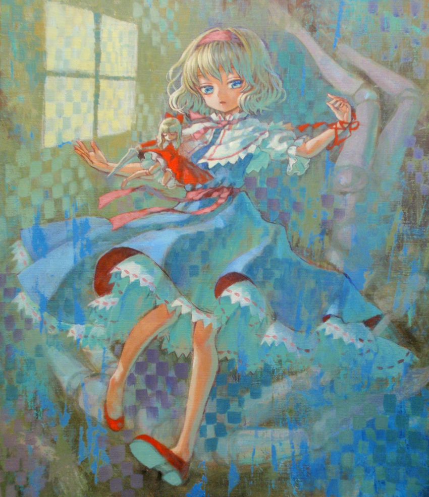 acrylic_paint_(medium) alice_margatroid ama-tou blonde_hair blue_eyes capelet doll hairband highres hourai_doll no_socks oil_painting_(medium) outstretched_arms short_hair solo spread_arms touhou traditional_media wrist_ribbon