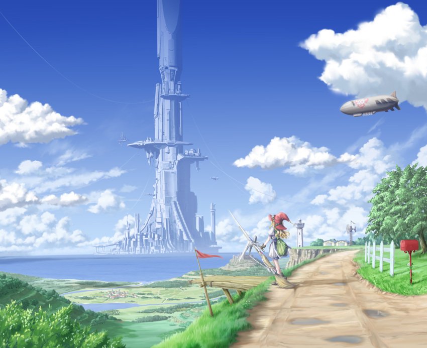 bag blimp blonde_hair broom cloud clouds dirigible eichikei_(hakuto) fence flag flying futuristic haku_to hat mailbox megastructure original puddle river scenery science_fiction sky solo tower tree water windmill witch_hat