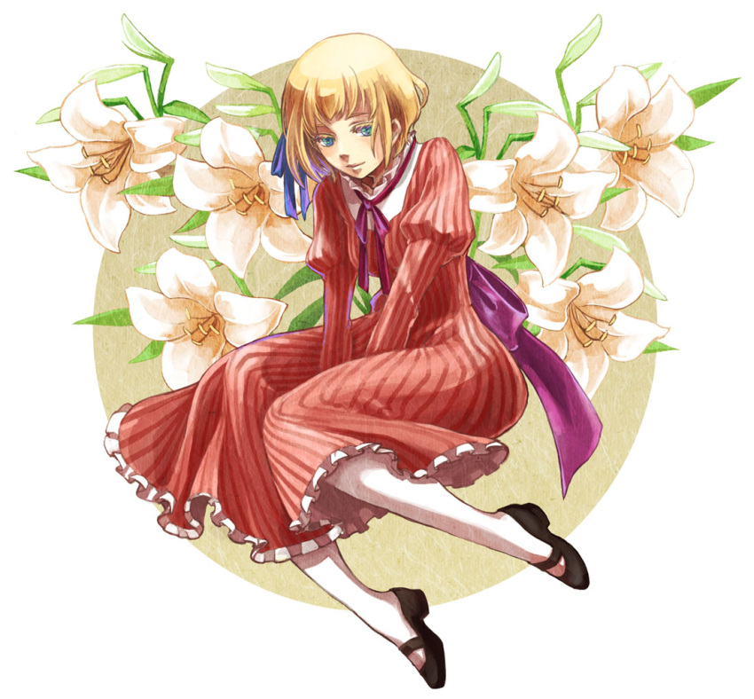 blonde_hair flower hair_ribbon liechtenstein_(hetalia) mary_janes pantyhose petticoat ribbon sen_(akane) shoes short_hair solo white_legwear