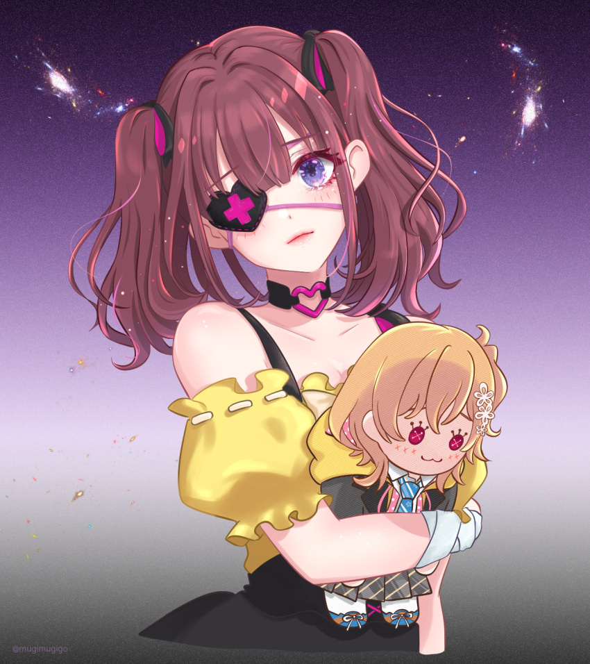 1girl akira_ray bangs black_choker choker collarbone doll eyepatch frilled_shirt frills hair_behind_ear head_tilt heart heart_choker highres holding holding_doll lee_roha looking_at_viewer mugimugigo nijisanji nijisanji_kr off-shoulder_shirt off_shoulder one_eye_covered redhead shirt solo twintails violet_eyes virtual_youtuber yellow_shirt