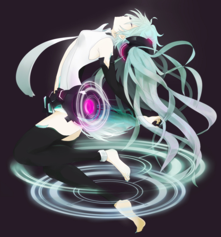aqua_hair bad_id belt bridal_gauntlets closed_eyes elbow_gloves fingerless_gloves gloves hatsune_miku hatsune_miku_(append) highres legs long_hair miku_append navel necktie profile shino_(pupurie) solo toeless_socks twintails very_long_hair vocaloid vocaloid_append