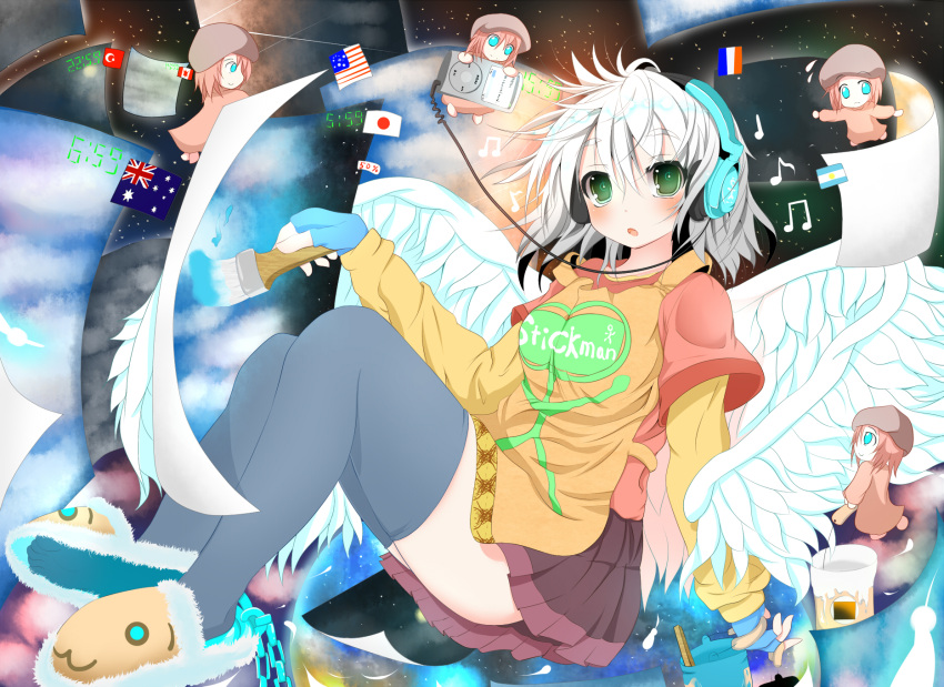 america american_flag angel_wings argentina atuuy australia black_legwear black_thighhighs breasts canada chain chibi coat digital_media_player feathers flag france green_eyes grey_hair hat headphones highres ipod japan multiple_girls paint paintbrush pleated_skirt red_hair redhead short_hair skirt slippers smock star sukage thigh-highs thighhighs turkey_(country) wings zettai_ryouiki