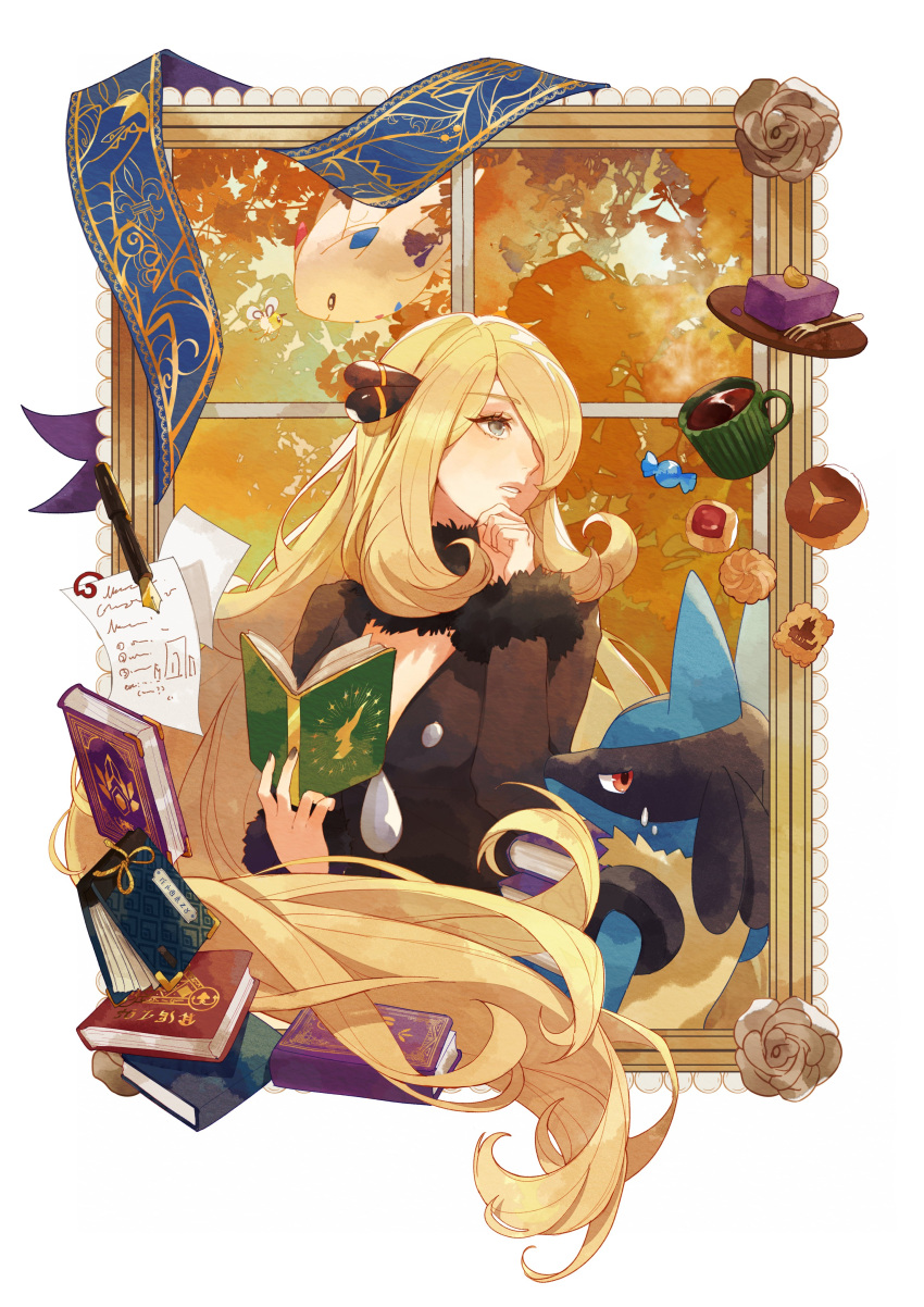 1girl absurdres biscuit_(bread) blonde_hair book border candy_wrapper coat commentary_request cup cutiefly cynthia_(pokemon) eyelashes flower fork fur-trimmed_coat fur_collar fur_trim grey_eyes hair_ornament hair_over_one_eye hand_on_own_chin highres holding holding_book long_hair long_sleeves looking_to_the_side lucario paper parted_lips pen pokemon pokemon_(creature) pokemon_(game) pokemon_dppt sapphire_ethu stroking_own_chin togekiss very_long_hair white_border