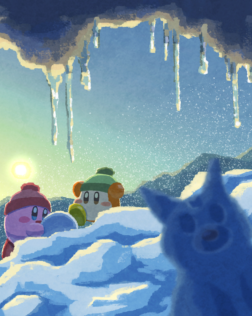blue_eyes blush_stickers brown_eyes day green_headwear highres icicle kirby kirby_(series) miclot no_humans open_mouth outdoors pink_headwear playing pom_pom_(clothes) shoes smile snow snowball sun waddle_dee winter woollen_cap yellow_footwear