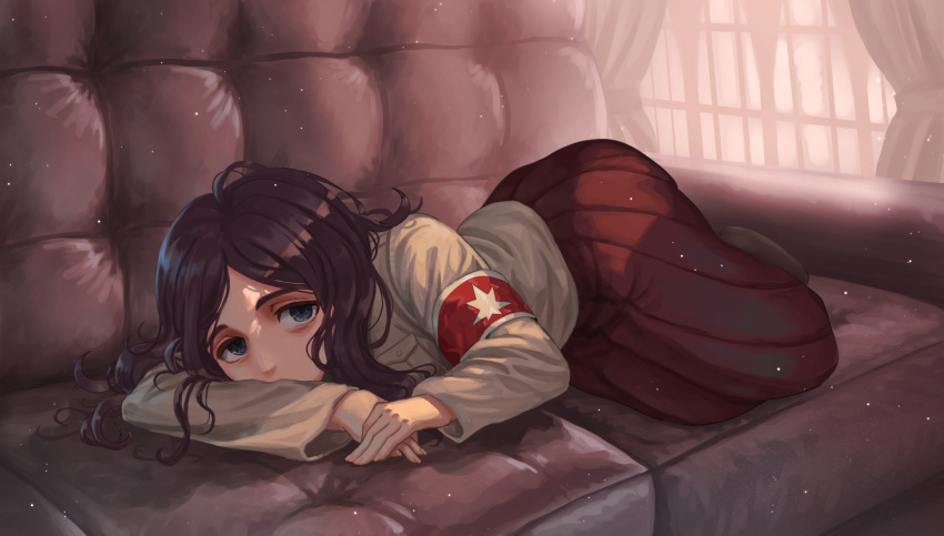 1girl blue_eyes breast_pocket brown_footwear brown_hair brown_shirt commentary_request couch curtains fingernails highres indoors long_fingernails long_hair long_skirt long_sleeves looking_at_viewer lying messy_hair on_couch on_side pieck_finger pleated_skirt pocket red_skirt shingeki_no_kyojin shirt skirt solo translation_request tunguu white_shirt window