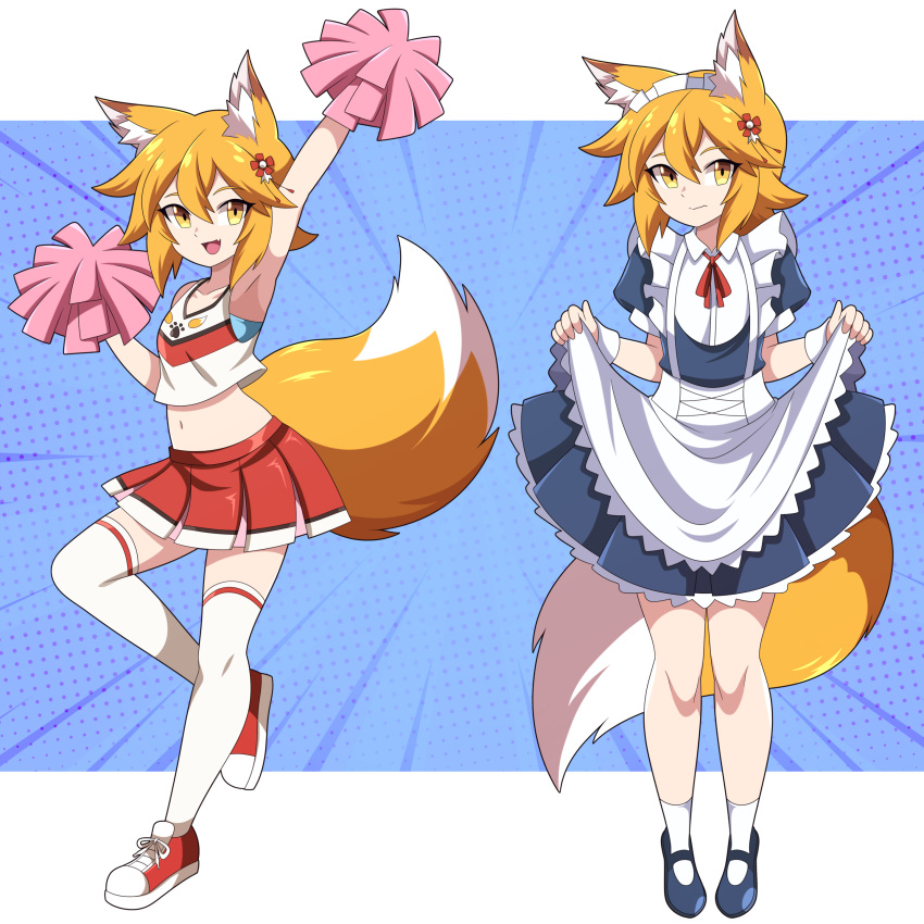 1girl :d :i absurdres abysswatchers animal_ear_fluff animal_ears apron apron_lift arm_up armpits blonde_hair cheering cheerleader commission crop_top fox_ears fox_girl fox_tail full_body hair_ornament highres holding holding_pom_poms looking_at_viewer maid maid_apron maid_headdress mary_janes midriff miniskirt navel open_mouth pom_pom_(cheerleading) ribbon senko_(sewayaki_kitsune_no_senko-san) sewayaki_kitsune_no_senko-san shoes short_hair skirt smile sneakers socks tail tail_raised thigh-highs yellow_eyes