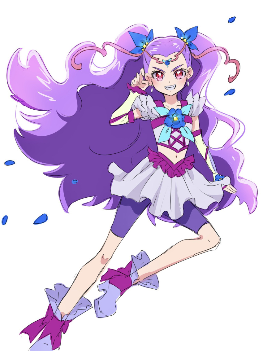 1girl bike_shorts bike_shorts_under_skirt blue_flower blue_rose blush boots commentary earrings eyelashes flower fpminnie1 frills hair_flower hair_ornament happy high_heel_boots high_heels highres jewelry long_hair looking_at_viewer magical_girl midriff milk_(yes!_precure_5) milky_rose mimino_kurumi navel pink_eyes precure purple_hair purple_shorts rose shirt shorts shorts_under_skirt simple_background sketch skirt smile solo symbol-only_commentary white_background yes!_precure_5 yes!_precure_5_gogo!
