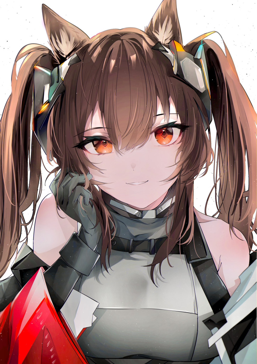 1girl angelina_(endfield)_(arknights) animal_ears arknights arknights:_endfield brown_hair diamond-shaped_pupils diamond_(shape) fox_ears fox_girl fox_tail gloves grey_gloves grey_shirt hair_ornament hamaguri-san_(hamagur69200744) hand_up highres long_hair looking_at_viewer official_alternate_costume orange_eyes shirt simple_background sleeveless sleeveless_shirt smile solo symbol-shaped_pupils tail twintails upper_body white_background