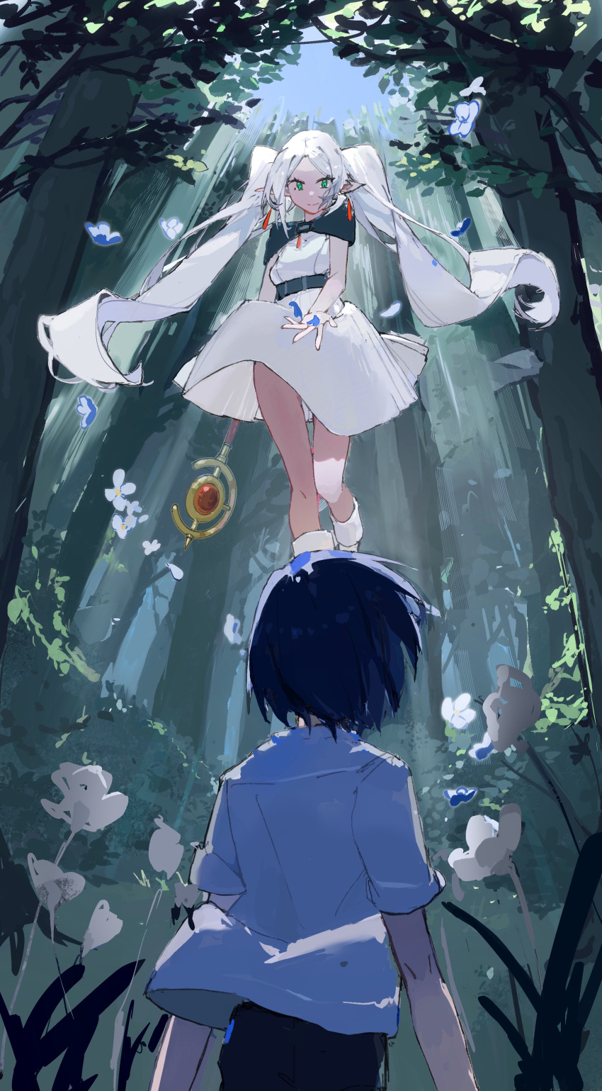 1boy 1girl absurdres ailisimeiyoumeng belt black_belt blue_hair character_request chinese_commentary closed_mouth commentary_request dress earrings falling_petals forest frieren green_eyes highres holding holding_wand jewelry long_hair looking_at_another nature outdoors petals pointy_ears shirt short_hair short_sleeves sky smile sousou_no_frieren standing tree twintails wand white_dress white_hair white_shirt