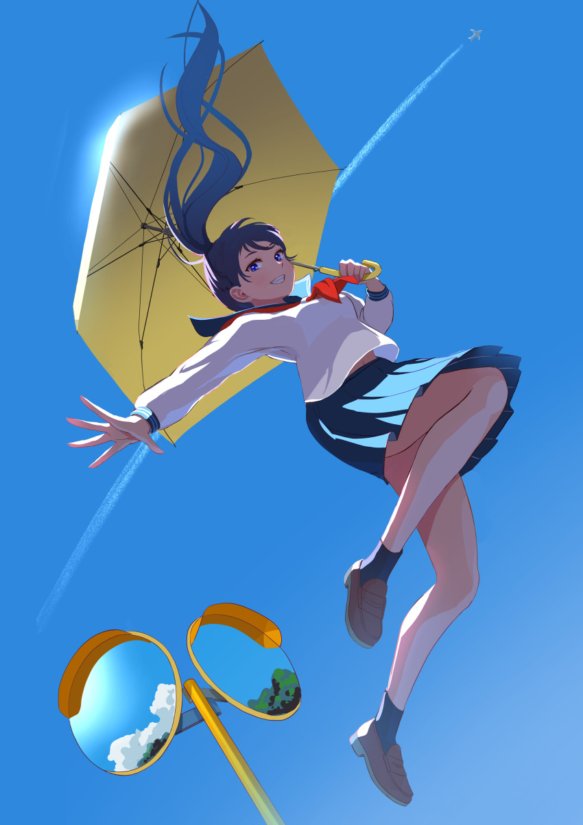1girl absurdres aircraft airplane black_hair blue_eyes blue_skirt blue_sky contrail day grin highres holding holding_umbrella jumping long_hair midair mirror nap_on_a_cloud neckerchief original outdoors outstretched_arm ponytail red_neckerchief reflection school_uniform serafuku skirt sky smile solo traffic_mirror umbrella