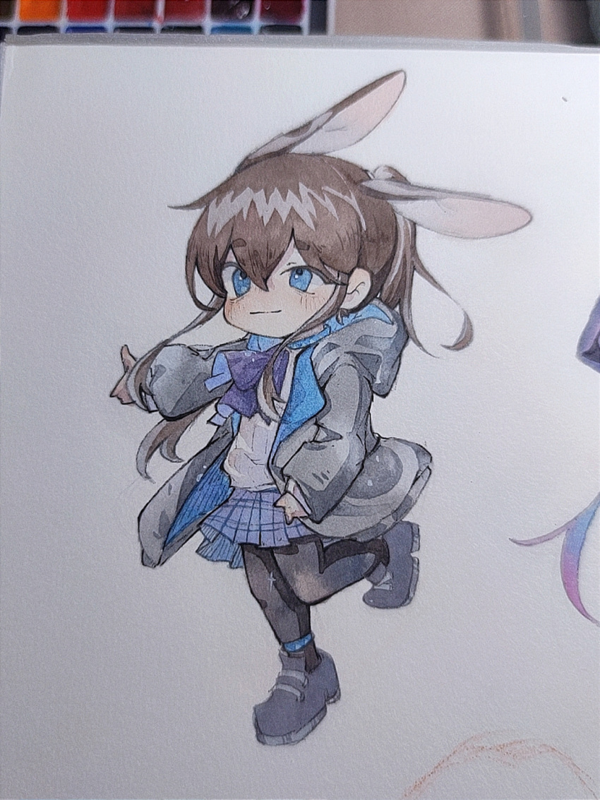 1girl amiya_(arknights) animal_ears arknights ascot black_jacket black_pantyhose blue_eyes blue_skirt brown_hair chibi chinese_commentary closed_mouth commentary_request fanxingjiang highres jacket long_sleeves miniskirt painting_(medium) pantyhose puffy_long_sleeves puffy_sleeves purple_ascot rabbit_ears rabbit_girl sidelocks skirt solo sweater thick_eyebrows traditional_media watercolor_(medium) white_sweater