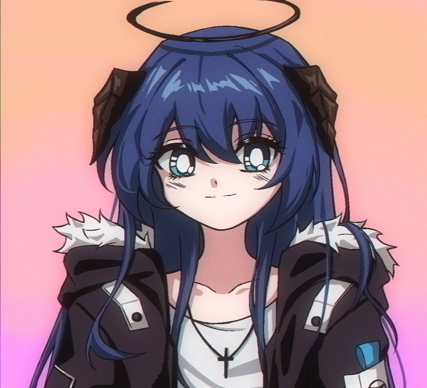 1girl arknights blue_eyes bright_pupils cross cross_necklace dark_halo demon_horns fur-trimmed_hood fur_trim hair_between_eyes halo hood hood_down hooded_jacket horns jacket jewelry long_hair looking_at_viewer mostima_(arknights) necklace open_clothes open_jacket petra_(jgc845601) portrait retro_artstyle shirt solo white_pupils white_shirt
