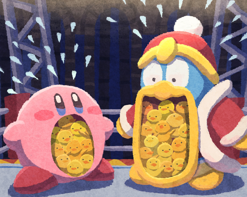 bird blue_eyes blush_stickers boxing_ring chick coat flying_sweatdrops fur-trimmed_coat fur_trim gold_trim indoors king_dedede kirby kirby_(series) long_sleeves miclot no_humans open_mouth pink_footwear red_coat red_headwear scaffolding shoes