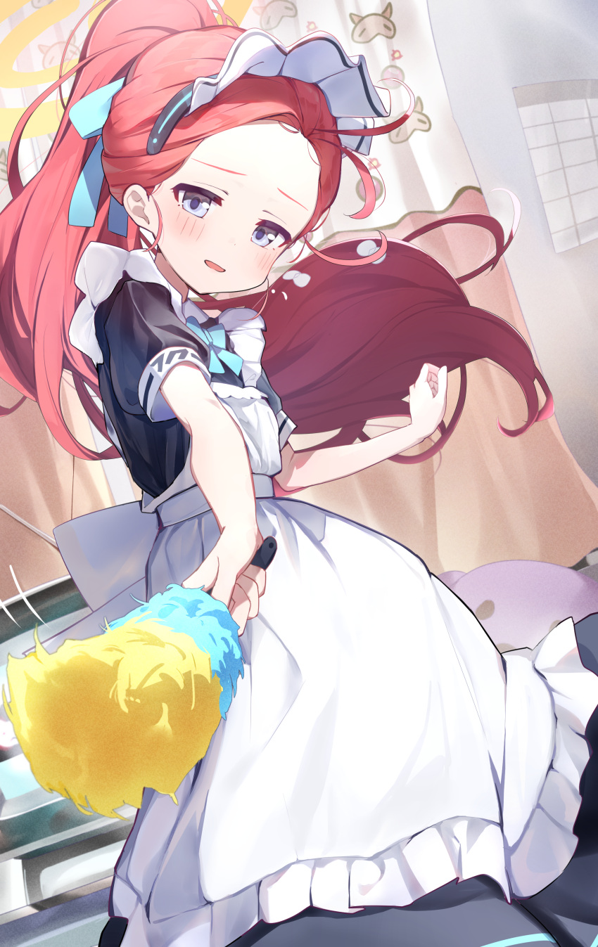 1girl absurdres apron black_dress blue_archive blue_eyes blush bow dress duster forehead frilled_apron frills hairband halo highres holding long_hair maid maid_apron maid_headdress official_alternate_costume open_mouth ponytail redhead shirt short_sleeves smile solo violet_eyes white_apron white_dress window yamada_auto yellow_halo yuzu_(blue_archive) yuzu_(maid)_(blue_archive)