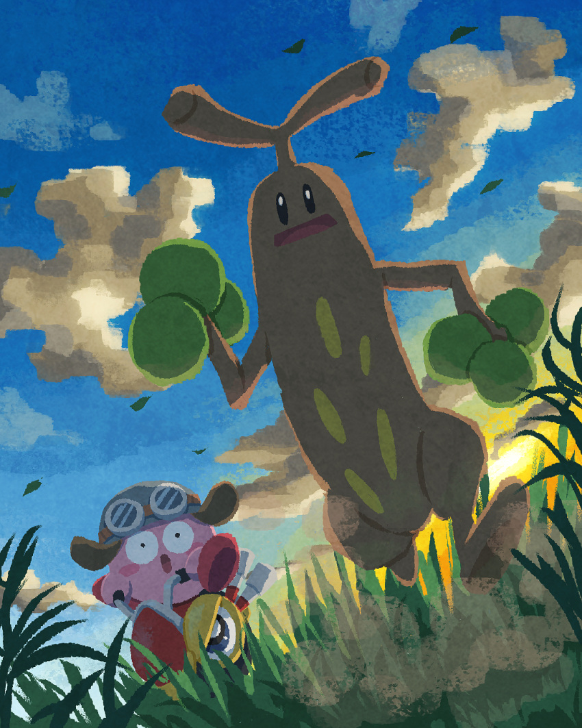 brown_headwear clouds evening goggles goggles_on_head grass helmet highres kirby kirby_(series) miclot no_humans open_mouth pink_footwear pokemon pokemon_(creature) running shoes sky sudowoodo surprised wheelie