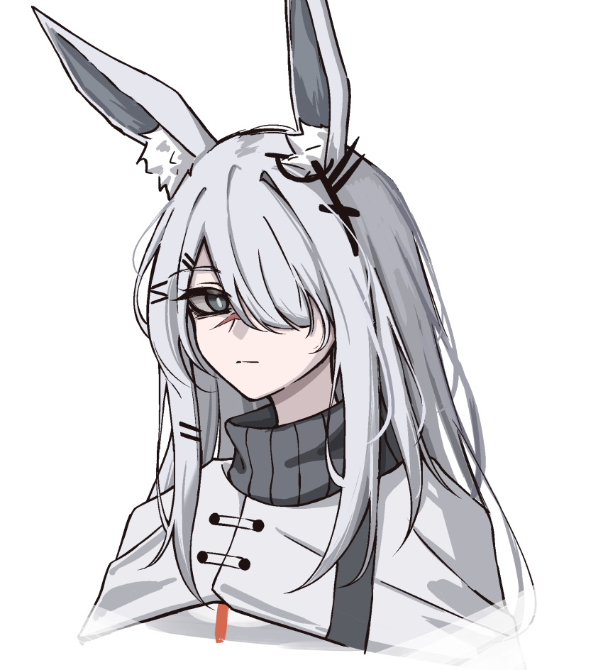 1girl animal_ear_fluff animal_ears arknights coat ear_ornament frostnova_(arknights) grey_eyes grey_hair hair_ornament hair_over_one_eye hairclip highres long_hair looking_at_viewer one_eye_covered petra_(jgc845601) portrait rabbit_ears rabbit_girl scar scar_on_face scar_on_nose simple_background solo white_background white_coat