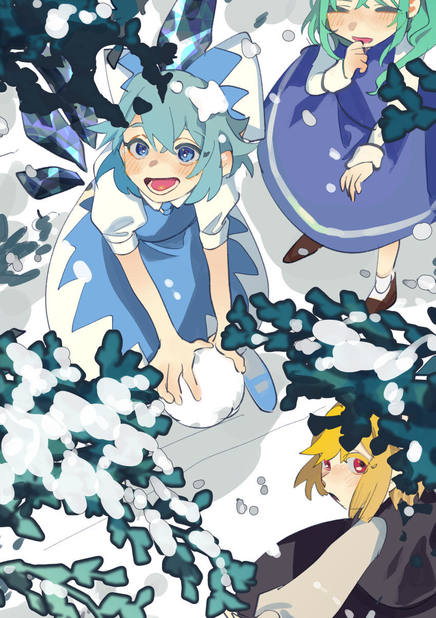 3girls =_= absurdres bad_id bad_pixiv_id black_dress blonde_hair blue_dress blue_eyes blue_hair bow cirno closed_eyes daiyousei dress green_hair hair_bow highres ice ice_wings long_sleeves looking_down multiple_girls outdoors puffy_short_sleeves puffy_sleeves red_eyes rumia shi_chimi shirt short_hair short_sleeves snow snow_on_head snowball touhou tree white_shirt wings