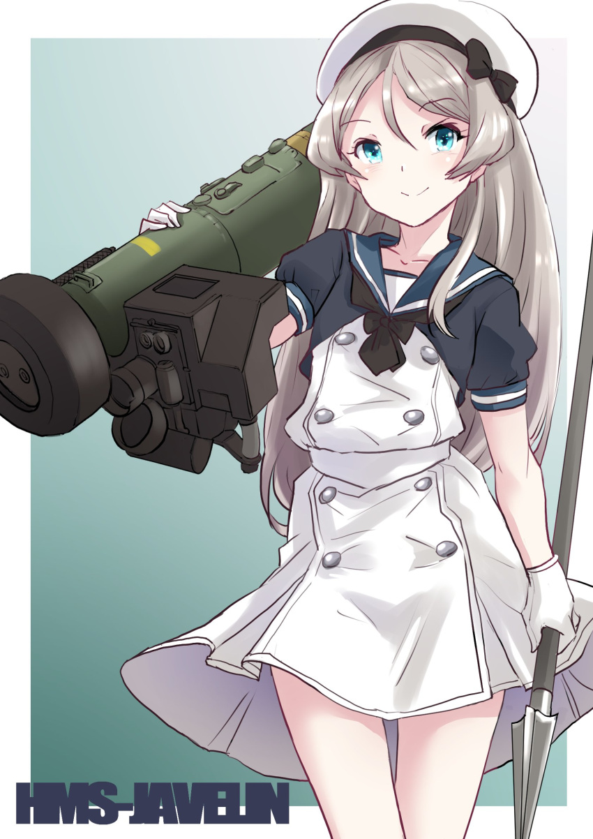1girl black_neckerchief blue_eyes blue_sailor_collar character_name commission dress fgm-148_javelin fuji_(pixiv24804665) gloves grey_hair hair_between_eyes hat highres holding holding_polearm holding_weapon javelin_(kancolle) kantai_collection long_hair looking_at_viewer name_connection neckerchief object_namesake polearm rocket_launcher sailor_collar sailor_dress sailor_hat skeb_commission smile solo weapon white_dress white_gloves white_headwear