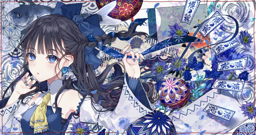 1girl alternate_color ascot bare_shoulders black_hair blue_bow blue_eyes blue_flower blue_nails blue_vest bow braid commentary_request detached_sleeves earrings fish flower frilled_hair_tubes frills hair_bow hair_tubes hakurei_reimu hands_up haru_(unfu3432) highres jewelry long_hair looking_at_viewer orb parted_lips solo touhou upper_body vest white_sleeves wide_sleeves yellow_ascot yin_yang
