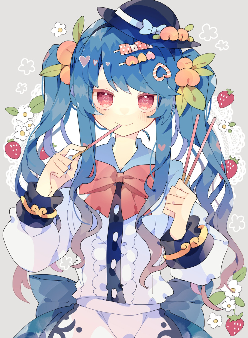 1girl absurdres black_headwear blue_hair blue_skirt bow bowtie center_frills closed_mouth food frills grey_background hat highres hinanawi_tenshi holding holding_food long_hair long_sleeves looking_at_viewer nikorashi-ka pocky pocky_day red_bow red_bowtie red_eyes shirt simple_background skirt smile solo touhou upper_body white_shirt