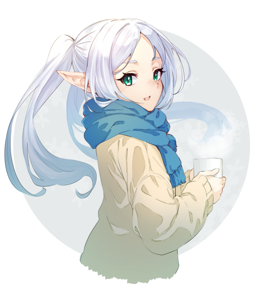 1girl :d absurdres blue_scarf blush brown_jacket casual coffee_mug cup elf frieren from_side green_eyes grey_background grey_hair highres holding holding_cup jacket long_hair long_sleeves looking_at_viewer looking_to_the_side m.tokotsu mug open_mouth pointy_ears scarf smile sousou_no_frieren steam twintails two-tone_dress upper_body white_background