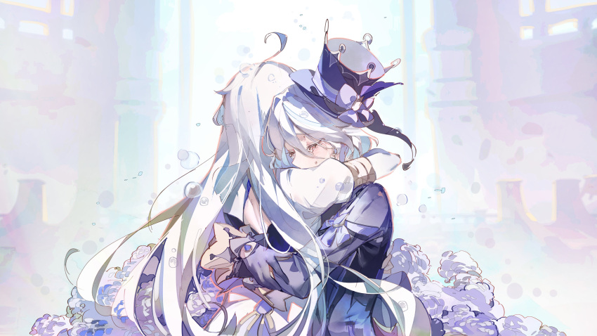 2girls absurdres cocoballking cowlick crying dress focalors_(genshin_impact) furina_(genshin_impact) genshin_impact hat highres long_dress long_hair long_sleeves multicolored_hair multiple_girls tears top_hat white_background white_dress white_hair