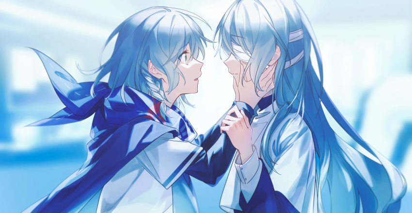 2girls absurdres aqua_hair bandages bandages_over_eyes bang_dream! blue_cape blurry blurry_background braid cape green_eyes hands_on_another's_face highres hikawa_hina hikawa_sayo imminent_kiss incest long_hair looking_at_another medium_hair multiple_girls shirt siblings sisters twincest twins walluka white_shirt yuri