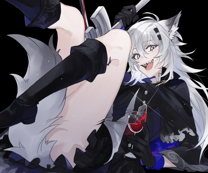 1girl alcohol animal_ear_fluff animal_ears antenna_hair arknights arm_up black_background black_capelet black_dress black_footwear black_gloves black_jacket blood blood_on_weapon blue_capelet blue_gloves boots breasts buttons capelet collared_capelet collared_vest commentary_request crack cracked_glass crazy_smile cup dress drinking_glass eyelashes from_side fur_trim glass glint gloves grey_eyes grey_hair hair_between_eyes hair_ornament hairclip highres holding holding_cup holding_sword holding_weapon invisible_floor jacket knee_boots knees_up lappland_(arknights) lappland_(refined_horrormare)_(arknights) layered_sleeves legs_up light_particles long_hair long_sleeves looking_at_viewer lying medium_breasts messy_hair multicolored_capelet multicolored_clothes multicolored_gloves official_alternate_costume on_back open_clothes open_jacket open_mouth oripathy_lesion_(arknights) pale_skin pleated_dress scar scar_across_eye scar_on_face shade sharp_teeth short_dress short_over_long_sleeves short_sleeved_jacket short_sleeves simple_background smile solo sword tail tail_raised teeth thighs tongue torn torn_clothes torn_dress torn_jacket two-tone_capelet two-tone_gloves upper_teeth_only vest weapon white_vest wide_sleeves wine wine_glass wolf_ears wolf_girl wolf_tail yakota_(usuk-yako)