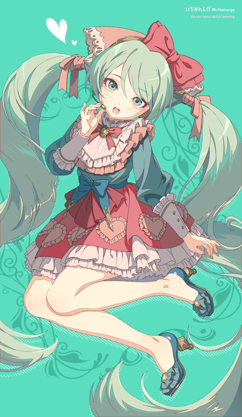 1girl absurdres anime_coloring aqua_background aqua_eyes aqua_hair bare_legs blue_footwear blush bow bowtie brooch commentary_request dress frilled_dress frills full_body hair_bow hair_ribbon hatsune_miku head_scarf headset heart high_heels highres ichimi_renge jewelry lolita_fashion long_hair long_sleeves looking_at_viewer multicolored_clothes multicolored_dress no_socks open_mouth ribbon smile solo sweet_lolita twintails upturned_eyes very_long_hair vocaloid