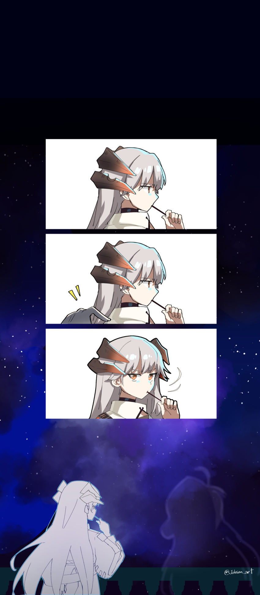 1girl absurdres arknights commentary dragon_girl dragon_horns english_commentary food grey_hair highres horns jitome long_hair multiple_views orange_eyes pocky pocky_day saria_(arknights) sleepyowl_(jobkung15)