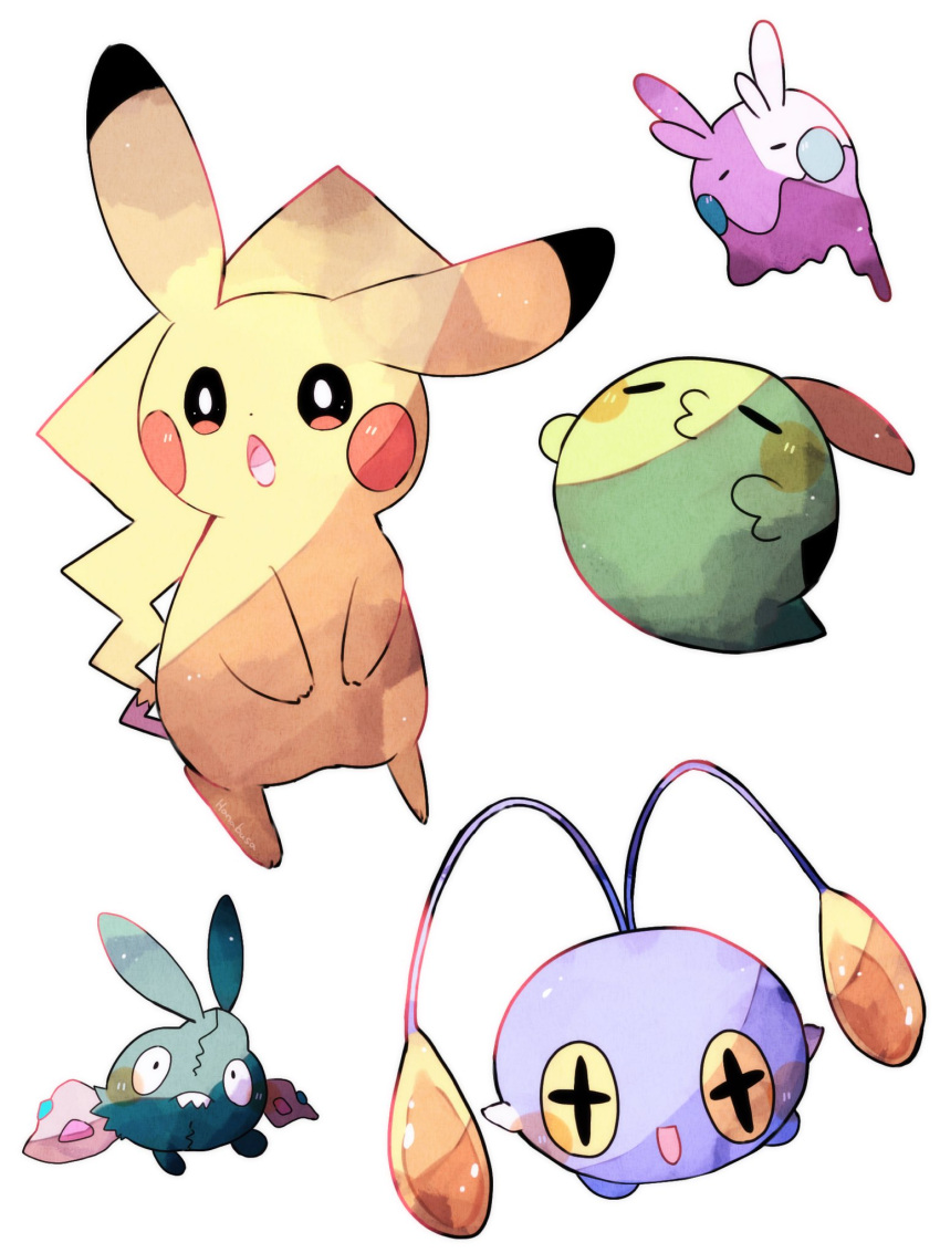 :d :o ^3^ antennae blue_skin chinchou closed_eyes colored_skin commentary_request dot_nose goomy gulpin hanabusaoekaki highres open_mouth pikachu pokemon pokemon_(creature) simple_background sleeping slime_(substance) smile solid_oval_eyes star-shaped_pupils star_(symbol) symbol-shaped_pupils trubbish white_background yellow_skin
