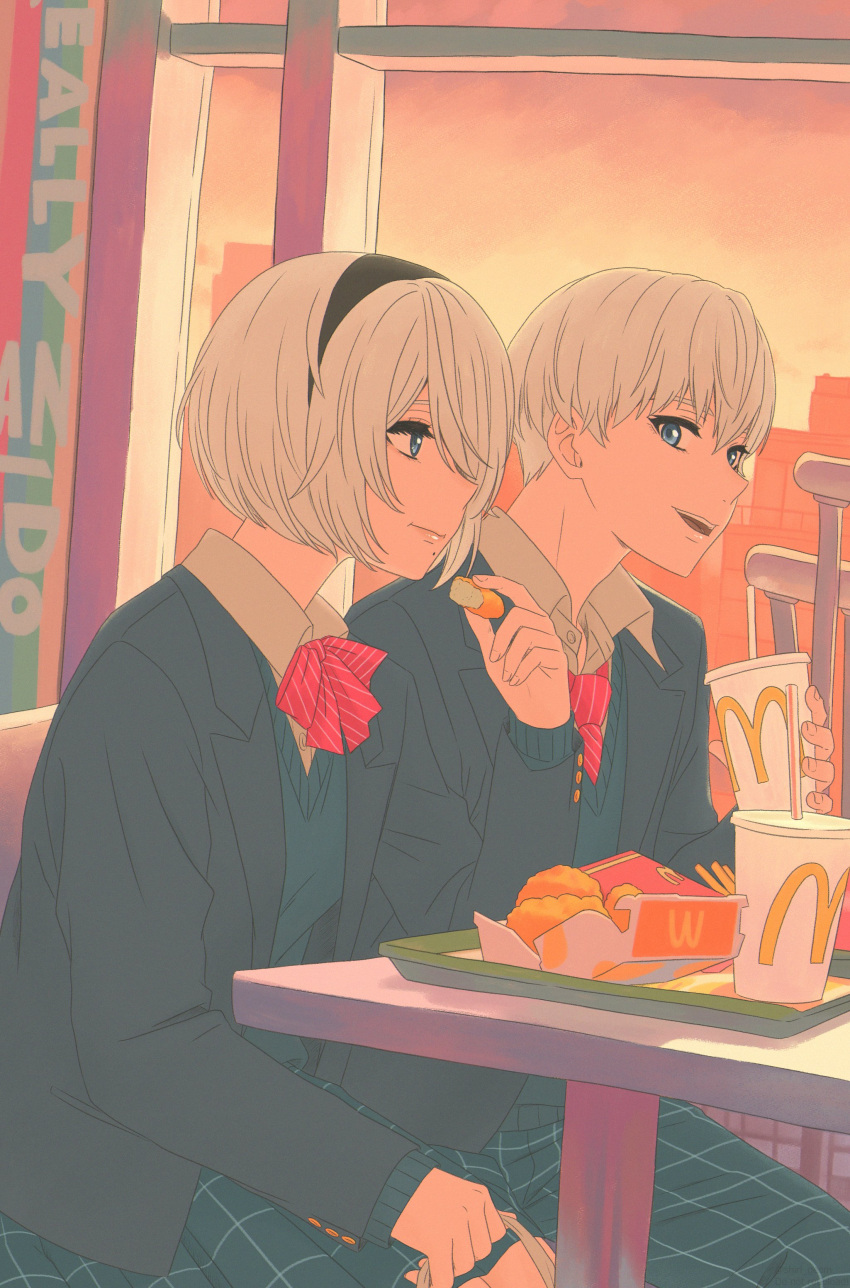 1boy 1girl 2b_(nier:automata) 9s_(nier:automata) absurdres black_hairband black_jacket blonde_hair blue_eyes blue_pants blue_skirt blue_sweater commentary couple cup disposable_cup drinking_straw dusk eating english_commentary fast_food food hairband highres holding holding_food jacket mcdonald's neckerchief necktie nier:automata nier_(series) open_mouth pants parody plaid plaid_pants plaid_skirt product_placement red_neckerchief red_necktie shirl_geem shirt sitting skirt striped_neckerchief striped_necktie sweater table tray white_shirt window yoru_mac
