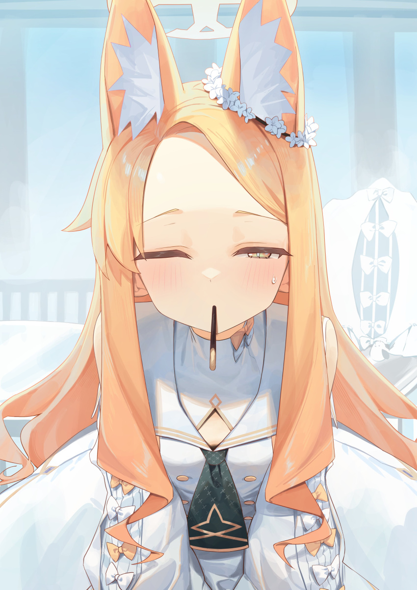 1girl absurdres animal_ear_fluff animal_ears black_necktie blonde_hair blue_archive bow commentary_request dot_nose dress ear_ornament food_in_mouth forehead fox_ears half-closed_eye highres incoming_pocky_kiss leaning_forward long_hair long_sleeves looking_at_viewer necktie one_eye_closed pocky_day pocky_in_mouth sailor_collar seia_(blue_archive) sleeve_bow solo sweat swept_bangs syhan white_bow white_dress white_sailor_collar yellow_eyes
