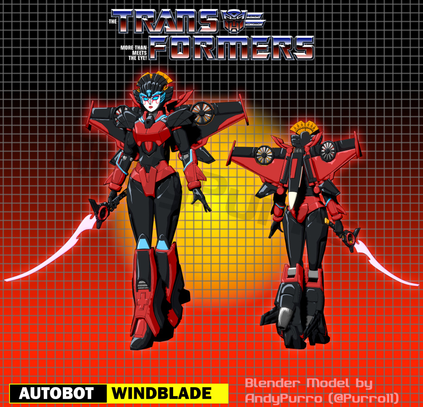 1girl 3d absurdres andypurro autobot blender_(medium) blue_eyes curvy energy_sword front_and_back highres insignia mecha mechanical_wings narrow_waist panties red_lips red_panties robot robot_girl solo sword transformers transformers:_generation_1 underwear weapon windblade wings