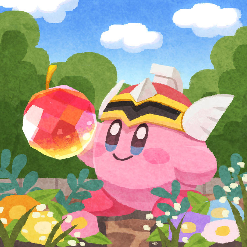 apple blue_eyes blue_flower blush_stickers bush closed_mouth flower food fruit gem gem_apple highres holding holding_gem kirby kirby_(series) miclot no_humans outdoors pink_footwear purple_flower shoes smile sword_hero team_kirby_clash_deluxe white_flower yellow_flower