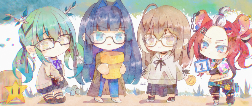 4girls ahoge asashi_kaede bangs_pinned_back bespectacled black_hair black_skirt blue_eyes blue_hair blue_pants blunt_bangs brown_cardigan brown_coat brown_eyes brown_hair brown_hood cardigan ceres_fauna ceres_fauna_(jirai_kei) chibi closed_mouth coat colored_inner_hair colored_tips commentary denim dice earclip frown glasses grey_hair hair_intakes hakos_baelz hakos_baelz_(3rd_costume) head_rest highres holocouncil hololive hololive_english jacket jeans low_twintails mario_party multicolored_hair multiple_girls nanashi_mumei nanashi_mumei_(3rd_costume) official_alternate_costume official_alternate_hair_length official_alternate_hairstyle ouro_kronii ouro_kronii_(3rd_costume) pants parted_lips pink_jacket redhead skirt smile streaked_hair super_mario_bros. super_star_(mario) trench_coat twintails warp_pipe watercolor_effect white_hair yellow_eyes