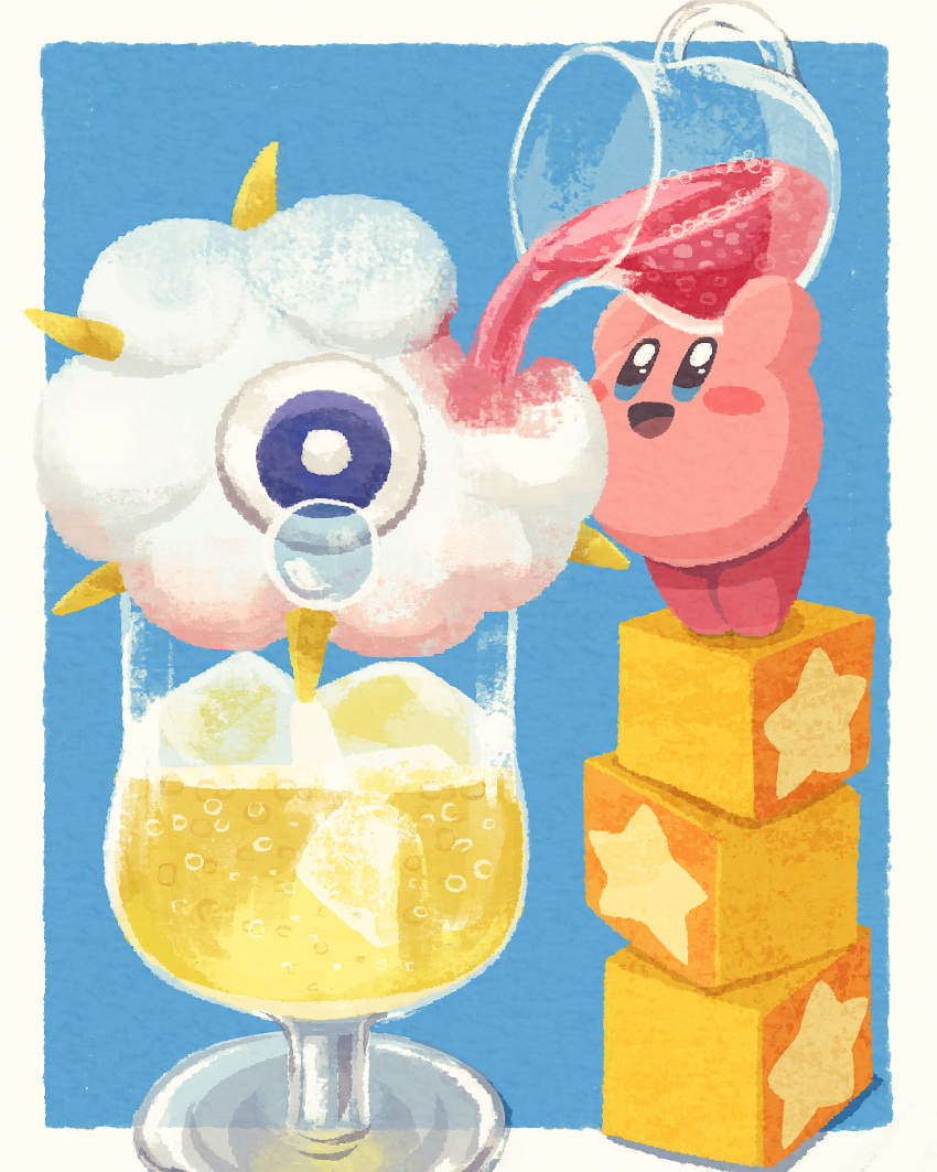 block_(object) clouds crying cup food_focus foodification highres holding_jug ice ice_cube kirby kirby_(series) kirby_cafe kracko miclot no_humans open_mouth pink_footwear shoes smile standing tiptoes
