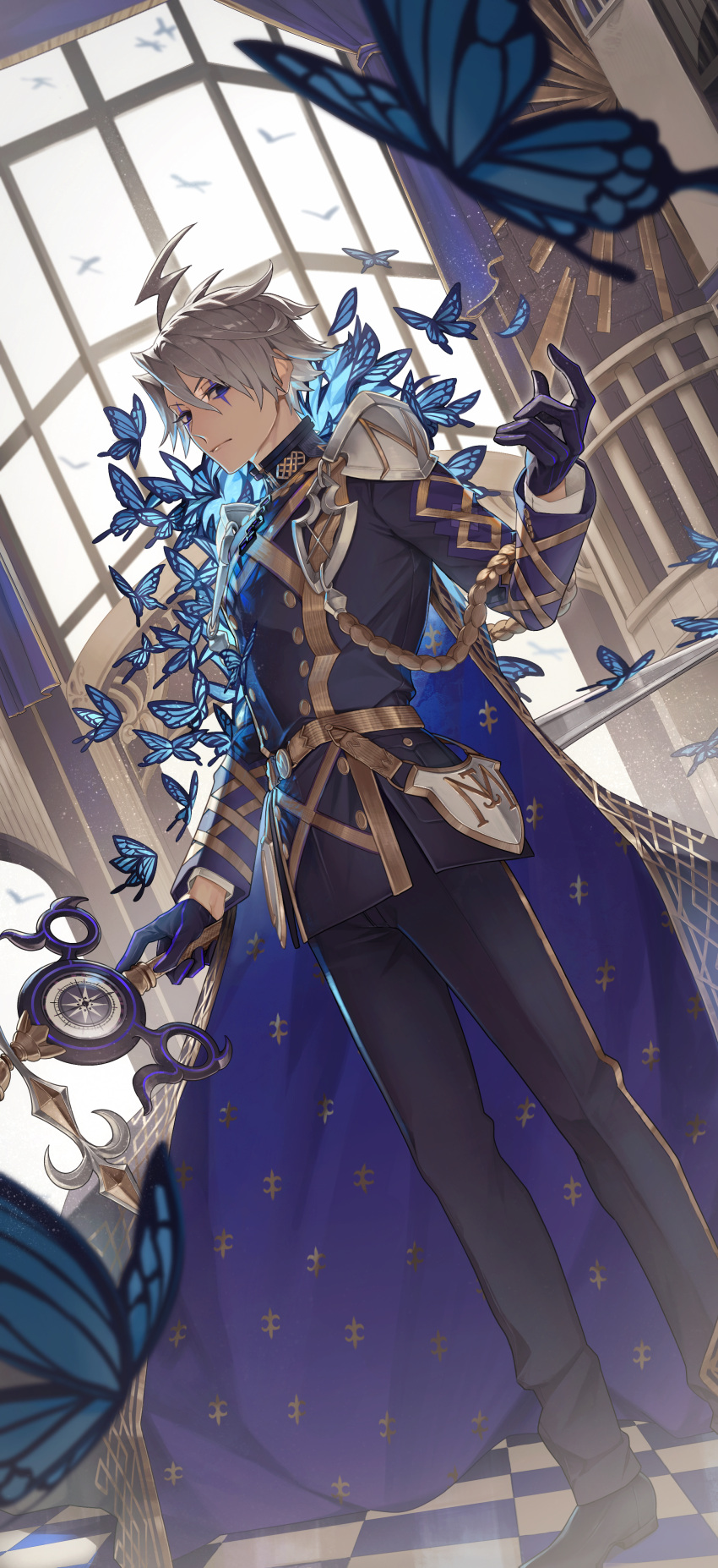 1boy absurdres ahoge air_(ai_r_) armor belt black_eyes black_gloves blue_butterfly blue_cape bug butterfly cape checkered_floor compass fate/grand_order fate_(series) gloves grey_hair highres holding holding_staff james_moriarty_(ruler)_(fate) lightning_ahoge makeup male_focus pauldrons shoulder_armor staff