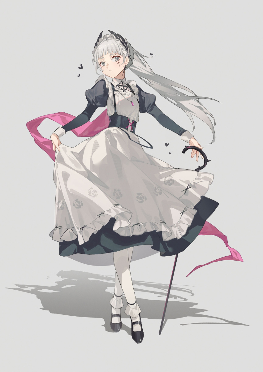 1girl absurdres alternate_costume apron arknights black_dress black_footwear cane chinese_commentary clothes_lift commentary_request dress earrings enmaided feather_hair frown full_body grey_background grey_eyes heart highres holding holding_cane irene_(arknights) irene_(voyage_of_feathers)_(arknights) jewelry lai_dou_laile_555 long_sleeves maid official_alternate_costume ponytail puffy_sleeves scar scar_across_eye shadow simple_background skirt skirt_lift socks solo white_apron white_hair white_socks