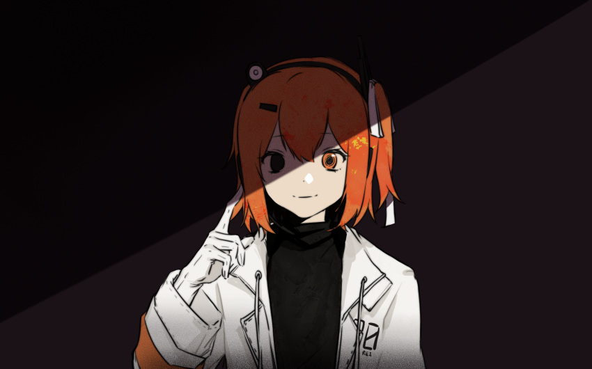 1girl a.i._voice adachi_rei black_background black_shirt character_name chinese_commentary closed_mouth commentary_request drawstring film_grain gloves hair_ornament hair_ribbon hairclip headlamp headphones highres jacket long_sleeves looking_at_viewer medium_hair one_side_up open_clothes open_jacket orange_eyes orange_hair qixinnn radio_antenna ribbon shadow shirt smile solo straight-on upper_body utau white_gloves white_jacket white_ribbon