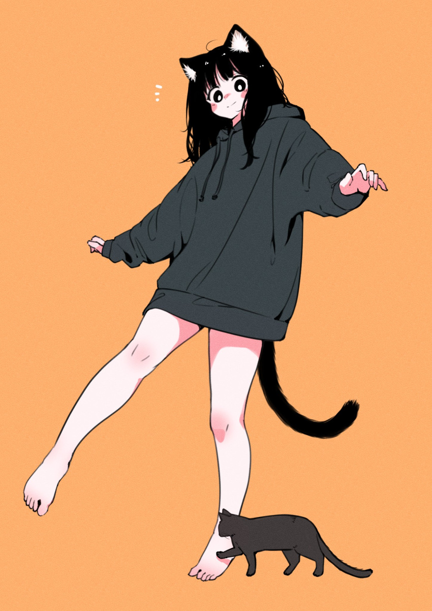 1girl animal_ear_fluff animal_ears bare_legs barefoot black_cat black_eyes black_hair blush blush_stickers bright_pupils cat cat_ears cat_girl cat_tail emphasis_lines feet full_body grey_hoodie highres hood hoodie looking_at_viewer megateru no_pants nose_blush orange_background original outstretched_arms oversized_clothes smile solo standing standing_on_one_leg tail toes white_pupils