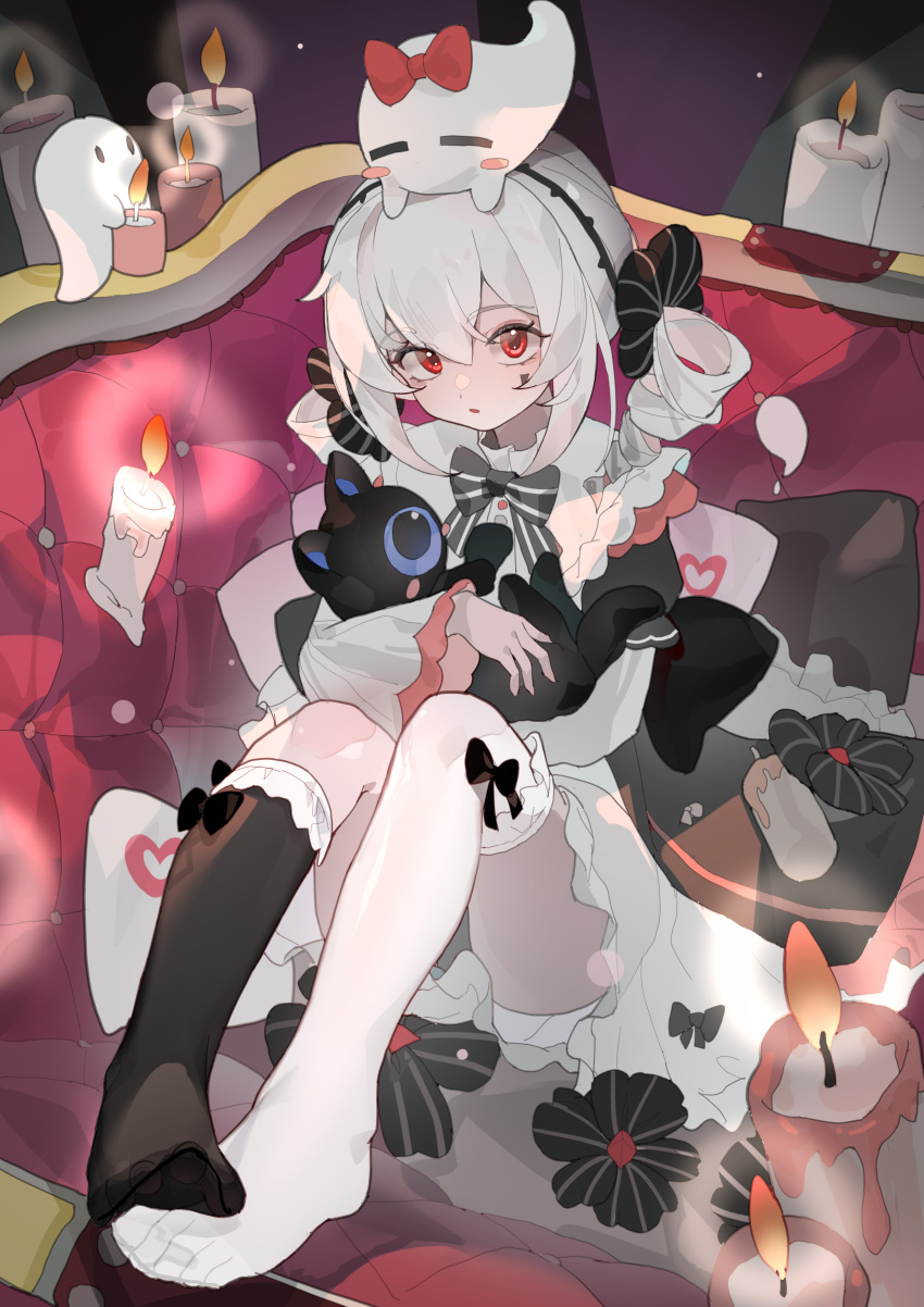 1girl absurdres black_bow bow candle cat character_request copyright_request couch dress drill_hair hair_between_eyes highres kele_mimi kneehighs long_sleeves looking_at_viewer no_shoes red_eyes single_kneehigh single_sock single_thighhigh sitting socks thigh-highs twintails white_hair